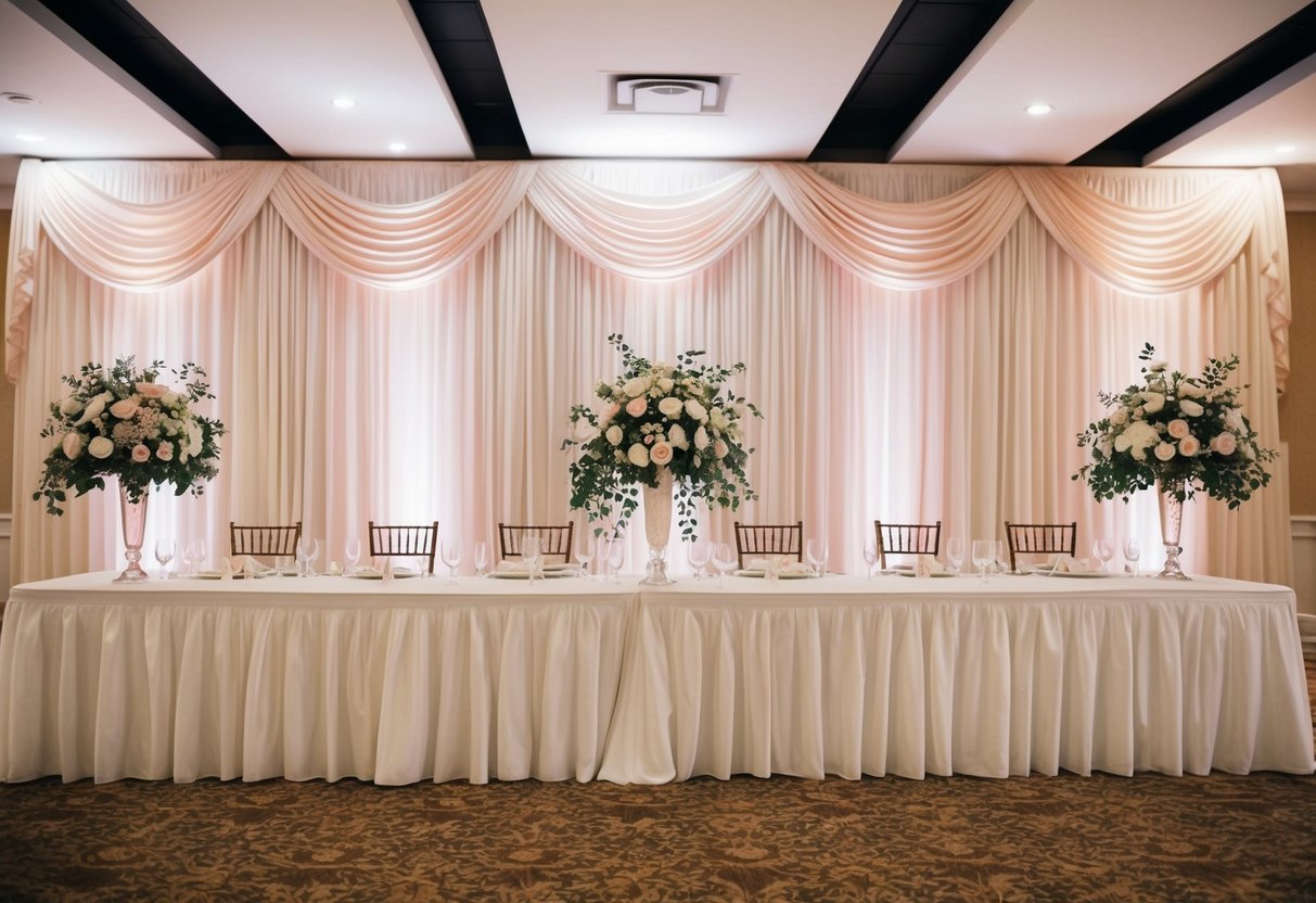 A wedding venue with a backdrop stretching across the entire width, adorned with elegant drapery and floral arrangements