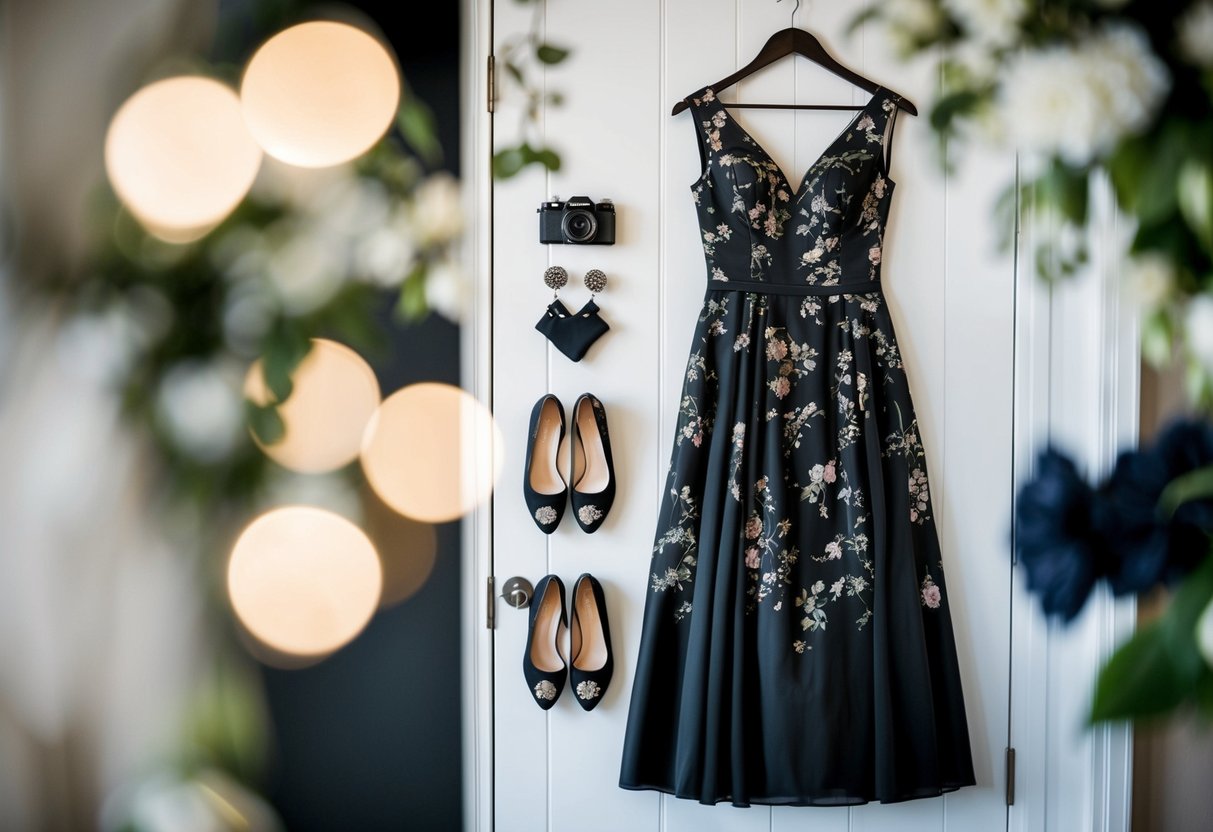 A black dress with a subtle floral print hangs on a hanger, surrounded by elegant accessories and shoes, ready for a wedding