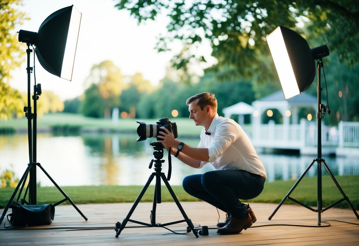 A photographer setting up cameras and adjusting lighting in a serene outdoor wedding venue, capturing the beauty of the surroundings