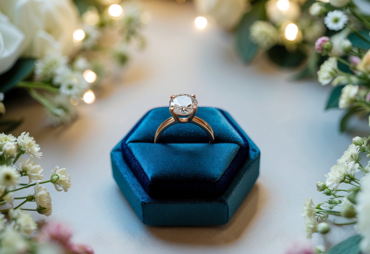 A ring displayed on a velvet cushion under soft lighting, surrounded by delicate floral arrangements