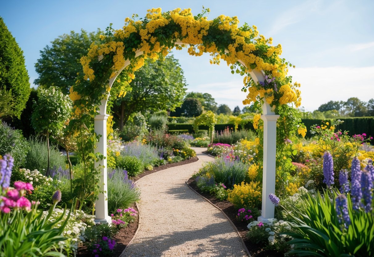 A sunny day in a garden with a blooming archway and a winding path, surrounded by colorful flowers and greenery, perfect for capturing post-wedding photos
