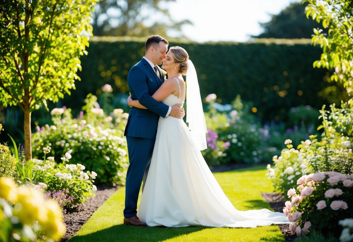 A bride and groom stand in a sunlit garden, surrounded by blooming flowers and greenery. The couple shares a loving embrace as they pose for post-wedding photographs