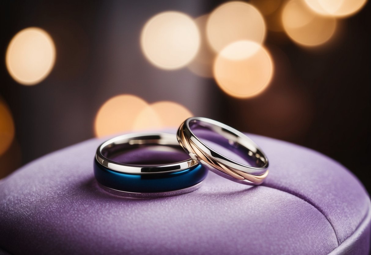 Two intertwined rings on a velvet cushion