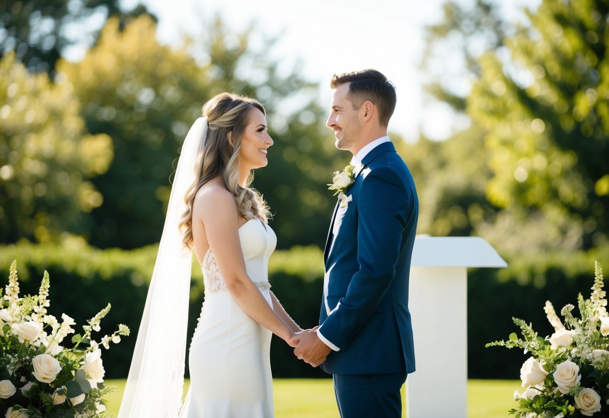 A bride and groom stand facing each other, surrounded by flowers and greenery. The sun is shining, casting a warm glow on the couple as they exchange vows