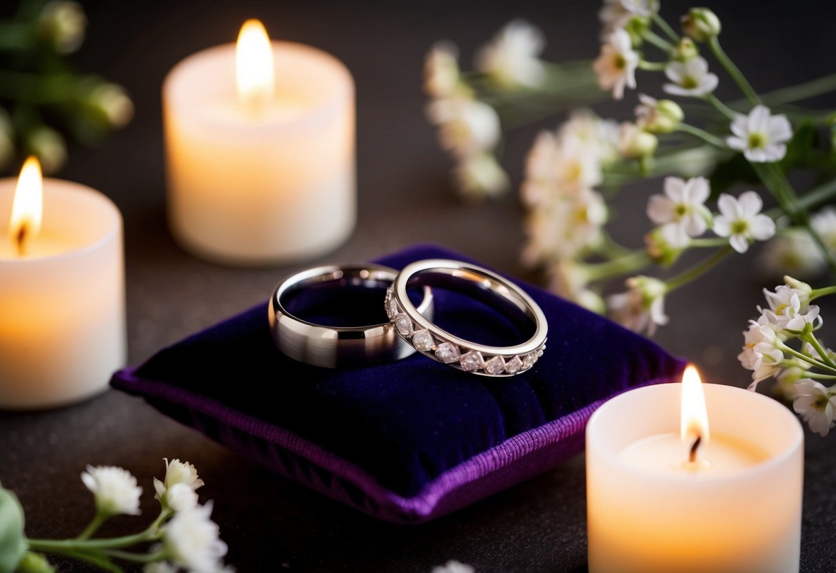 Two wedding rings resting on a velvet cushion, surrounded by soft candlelight and delicate flowers
