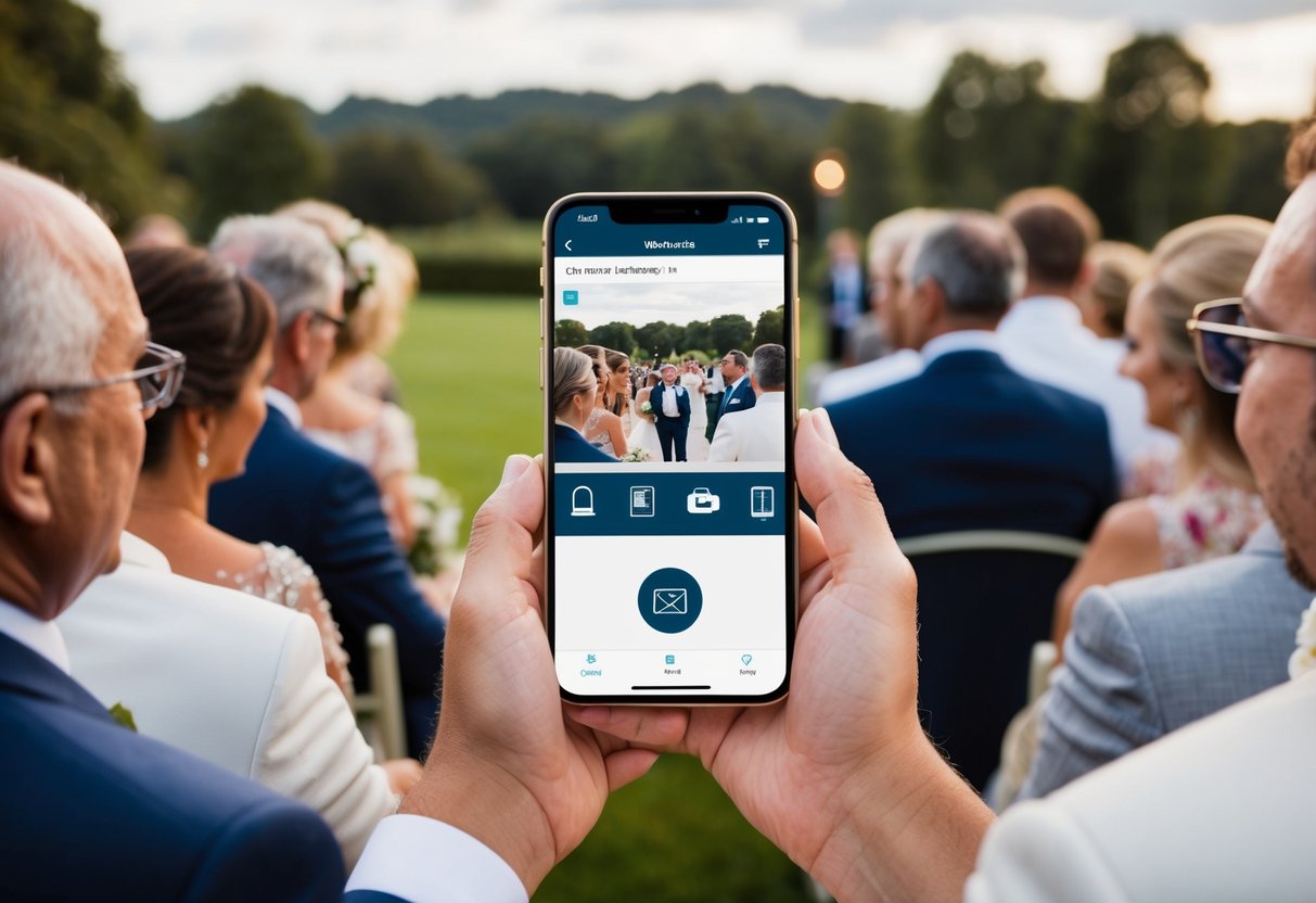 Wedding guests use a secure photo-sharing app to privately upload and view high-quality photos from the event