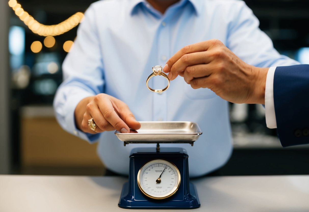 A jeweler weighing and pricing a wedding ring on a scale
