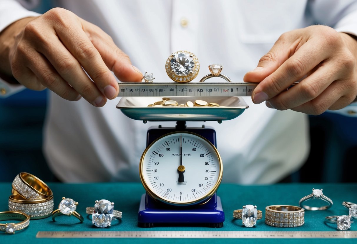 A jeweler carefully weighing and measuring various precious metals and gemstones on a scale and ruler, surrounded by sparkling wedding ring designs