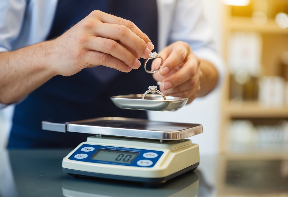 A jeweler weighing a wedding ring and calculating its cost on a digital scale