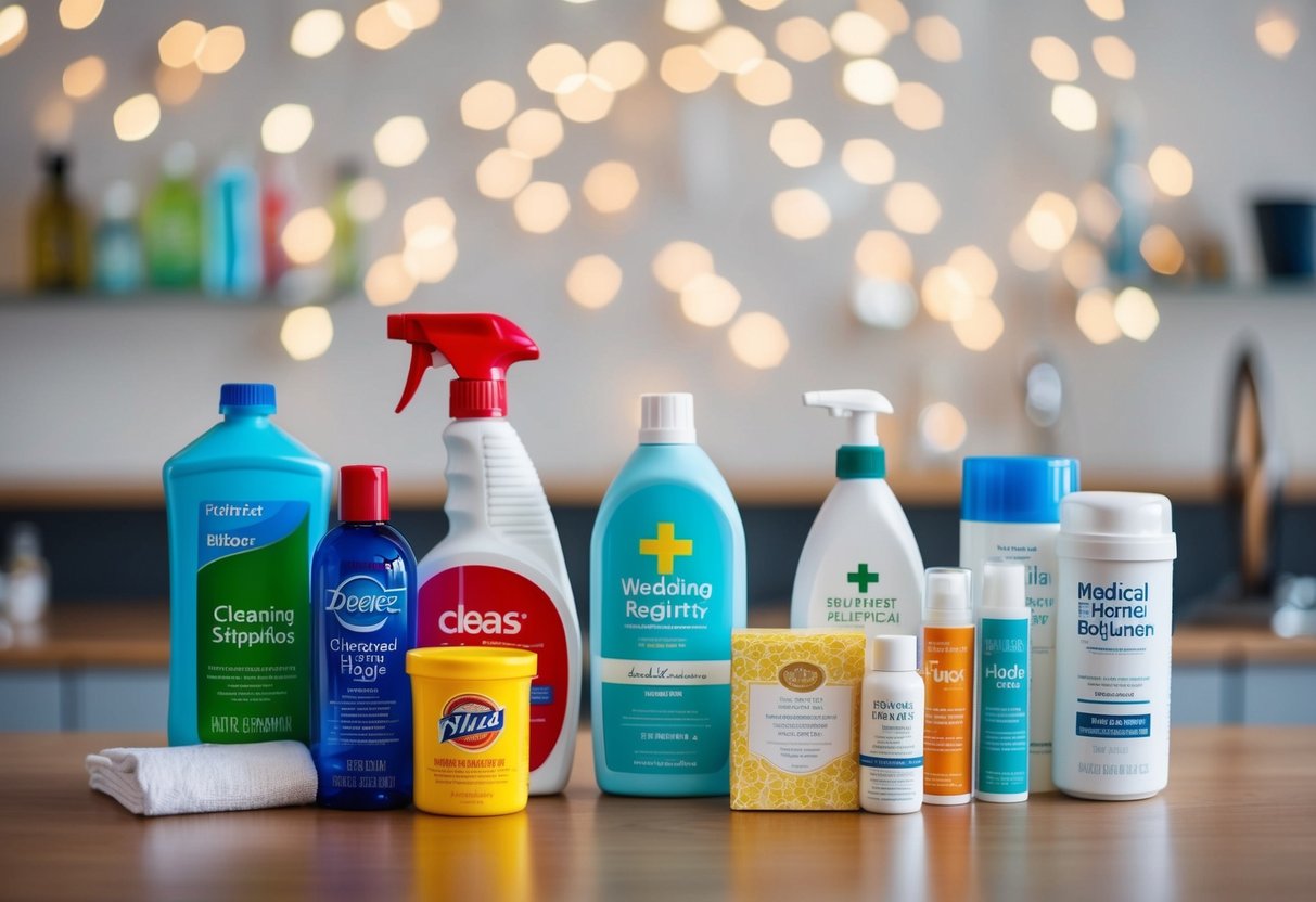 A wedding registry with items like cleaning supplies, personal hygiene products, and medical equipment
