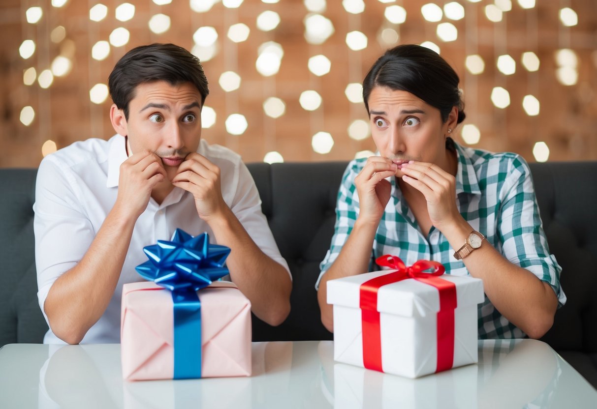 A couple receiving puzzled looks as they unwrap inappropriate gifts at their wedding shower