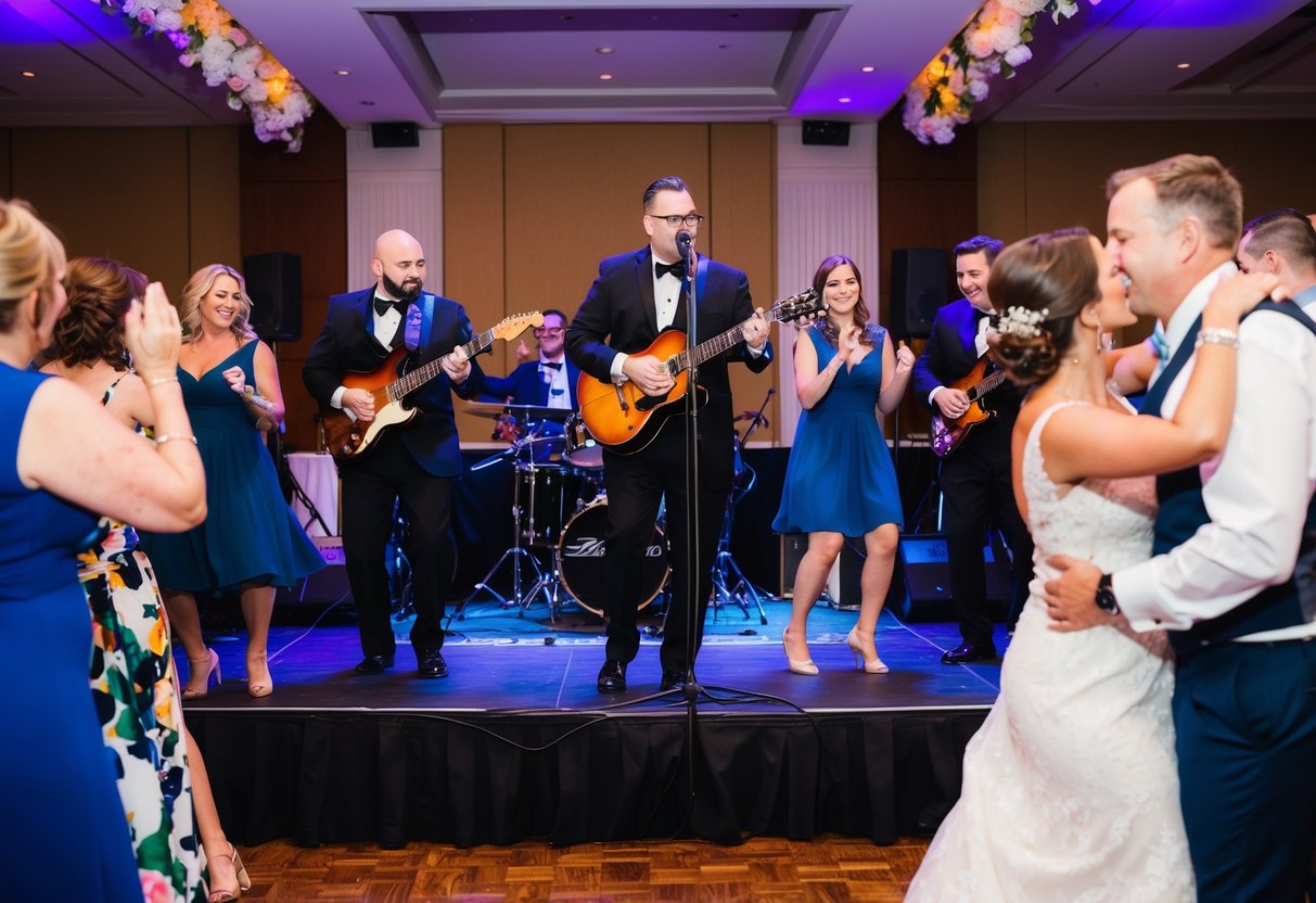 A band performing on stage at a wedding reception, surrounded by dancing guests and colorful decorations