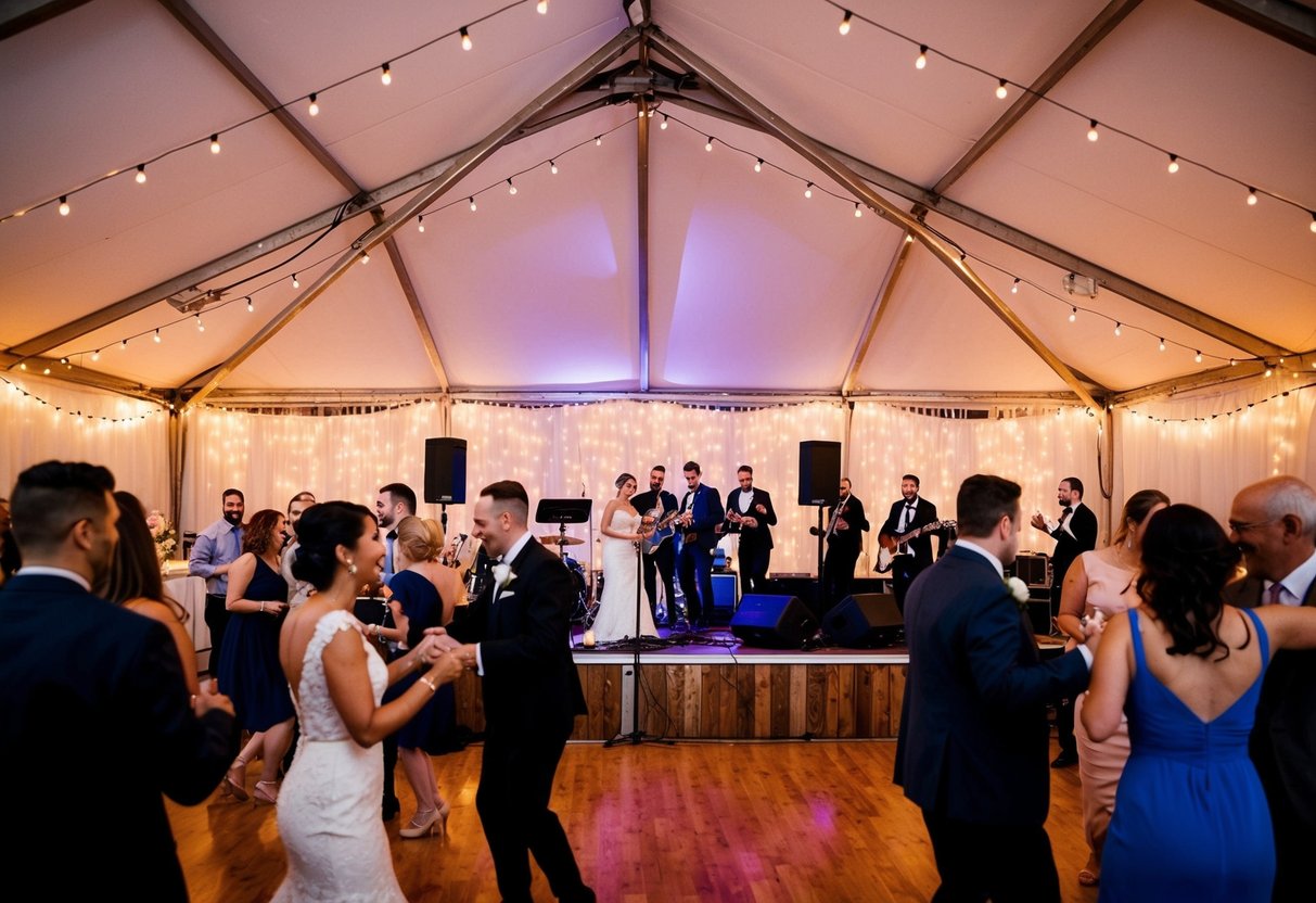 A lively wedding reception with a band playing on a stage, surrounded by dancing guests and twinkling string lights