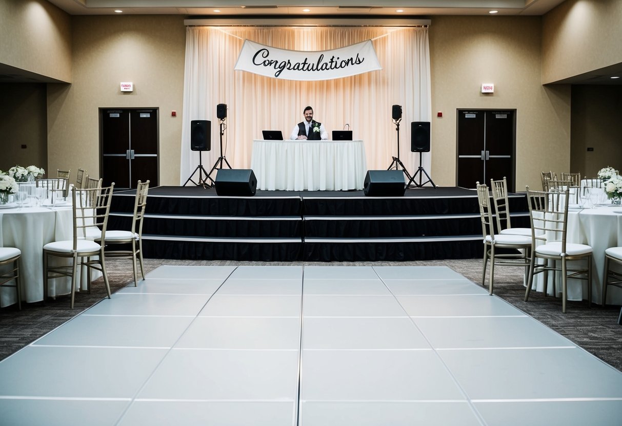 A wedding venue with a stage and dance floor, surrounded by tables and chairs. A banner with the words "Congratulations" hangs in the background