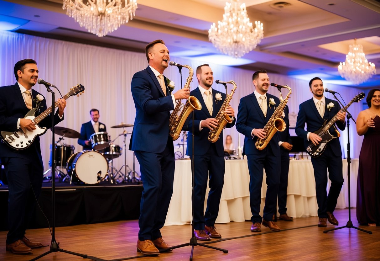 A lively band performs on a stage at a wedding reception, filling the air with music and creating a memorable atmosphere