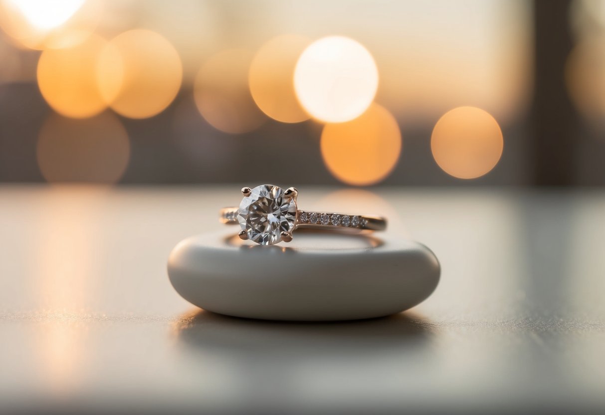 A sparkling engagement ring placed on a smooth surface, with soft lighting casting a warm glow around it