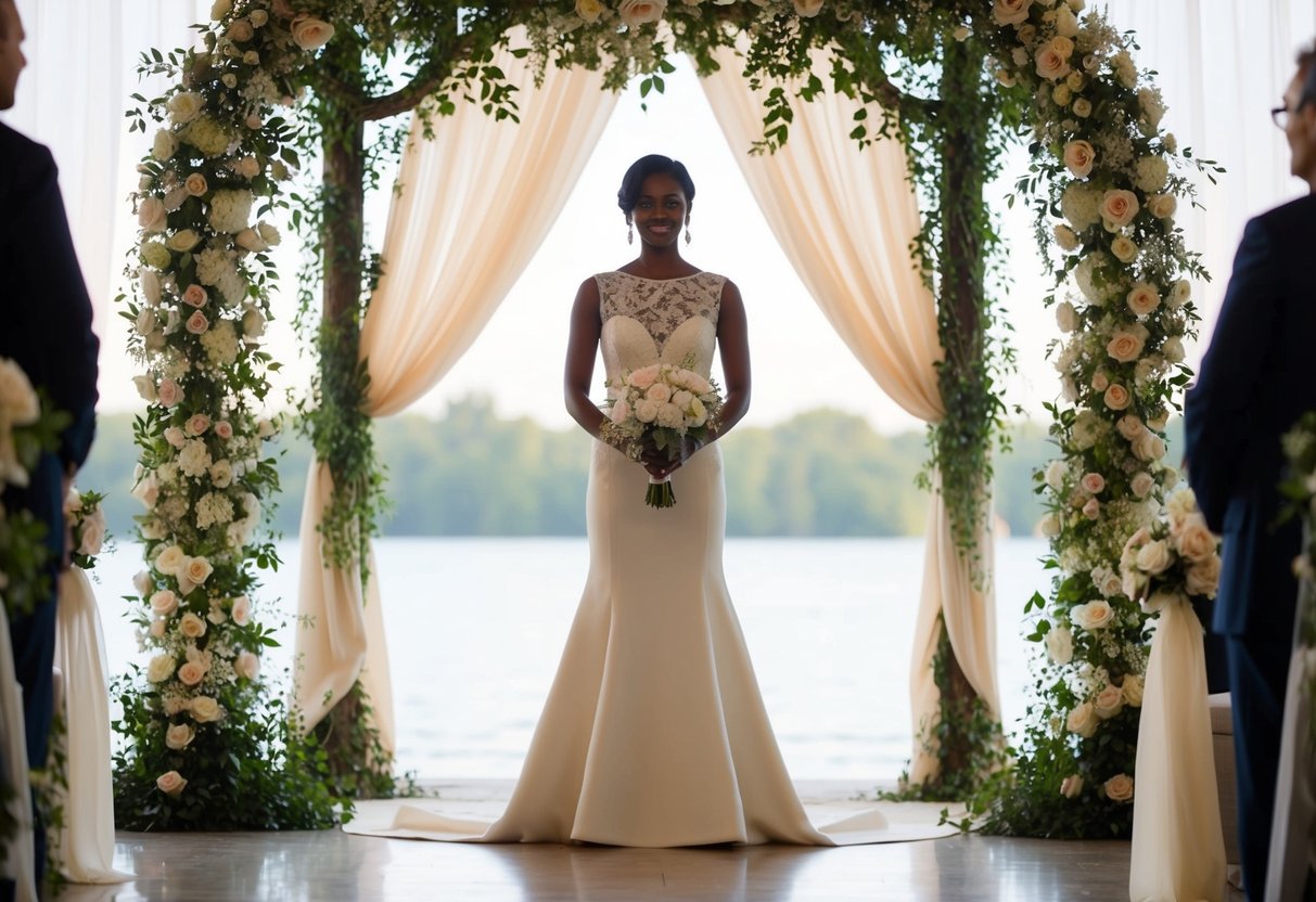 A figure stands under the ornate wedding arch, surrounded by flowers and draped fabric