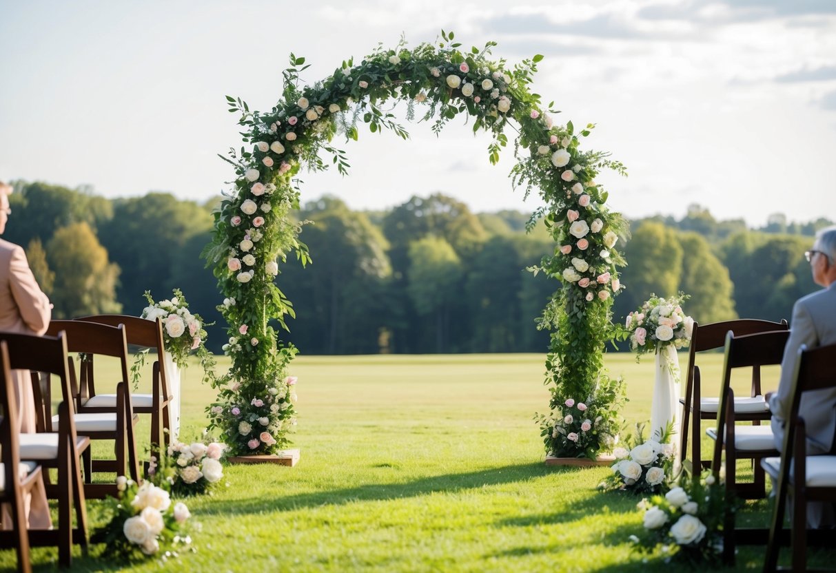 A decorative arch stands adorned with flowers and greenery, serving as a focal point for the wedding ceremony