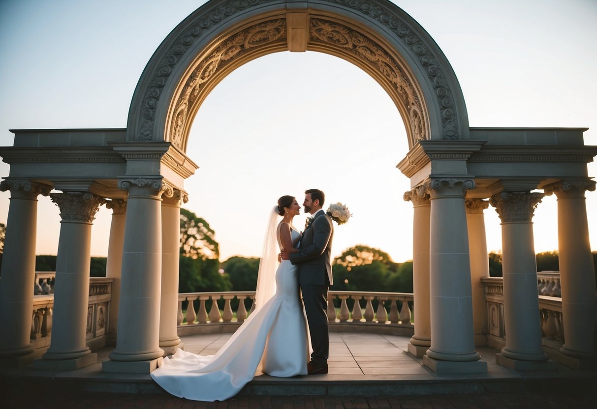 A couple of figures stand under the ornate arch at a wedding