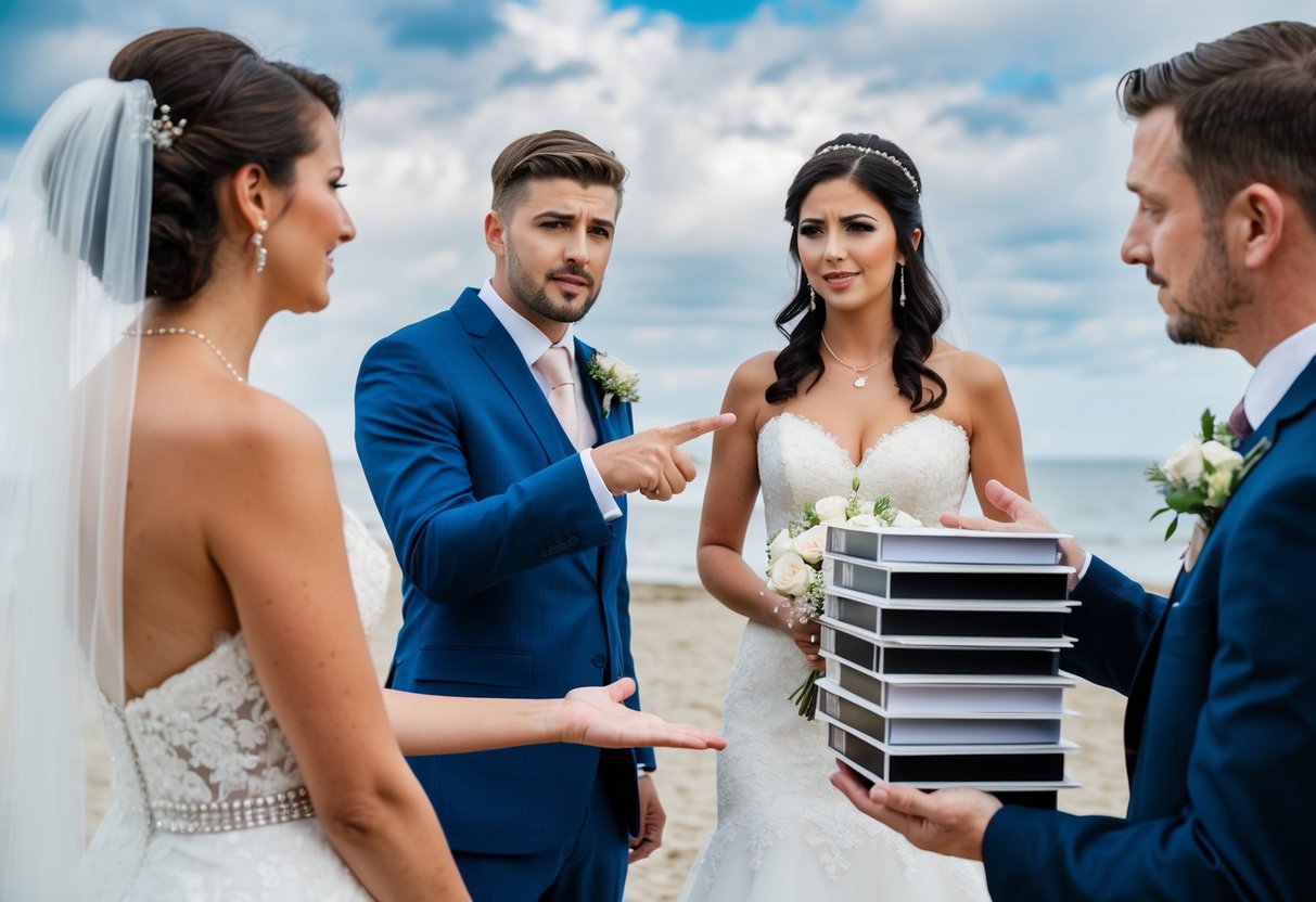 A bride and groom approach a photographer, pointing to edited photos and gesturing towards a stack of unedited ones. The photographer looks uncomfortable and hesitant