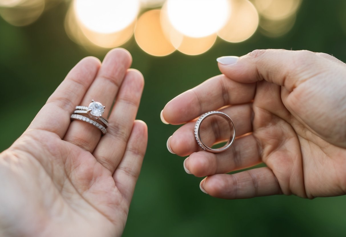 A hand holding both an engagement ring and a wedding band, comparing the two
