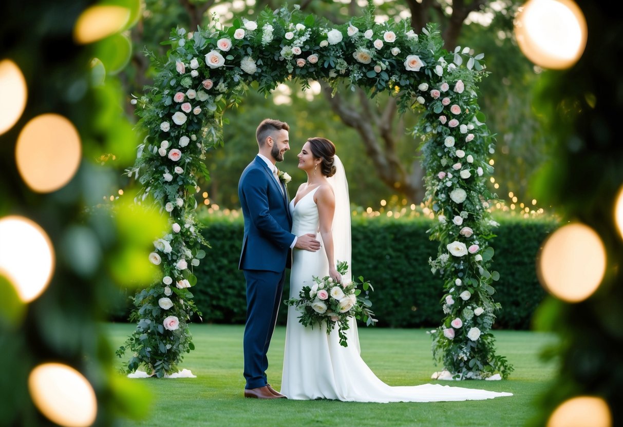 A couple stands under a floral wedding arch, surrounded by lush greenery and twinkling lights