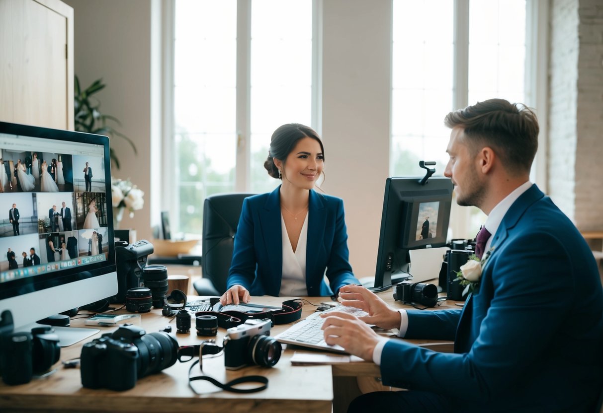 A wedding photographer surrounded by a cluttered desk, computer, and camera equipment, with a client politely asking about unedited photos
