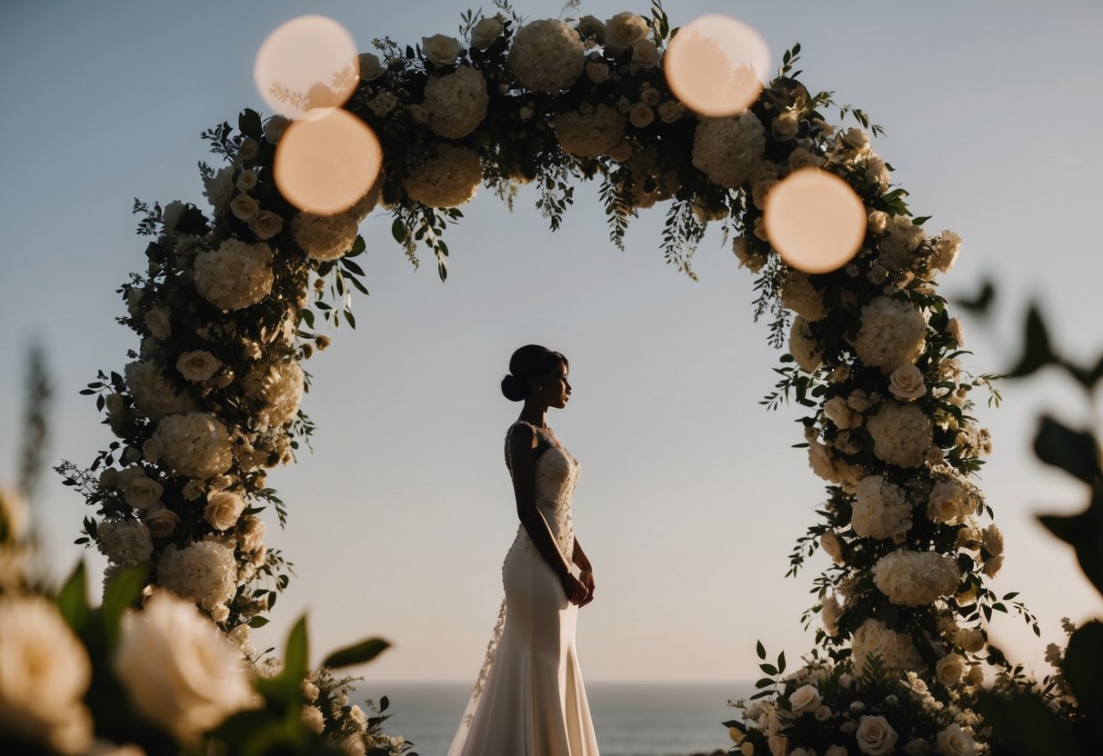 A figure stands under the ornate wedding arch, surrounded by flowers and soft lighting