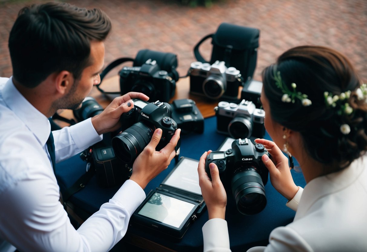 A wedding photographer surrounded by cameras and equipment, capturing candid moments and details throughout the day