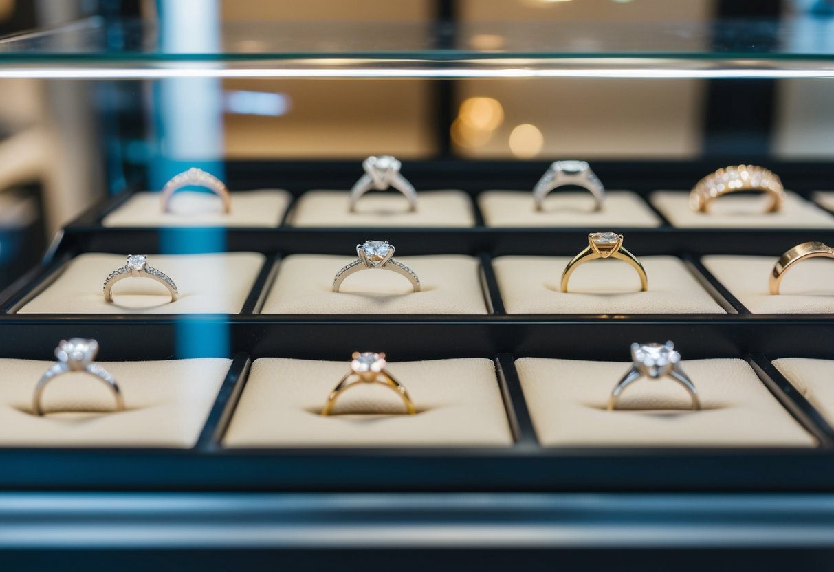 A jeweler's display case with a variety of wedding rings in different styles and metals