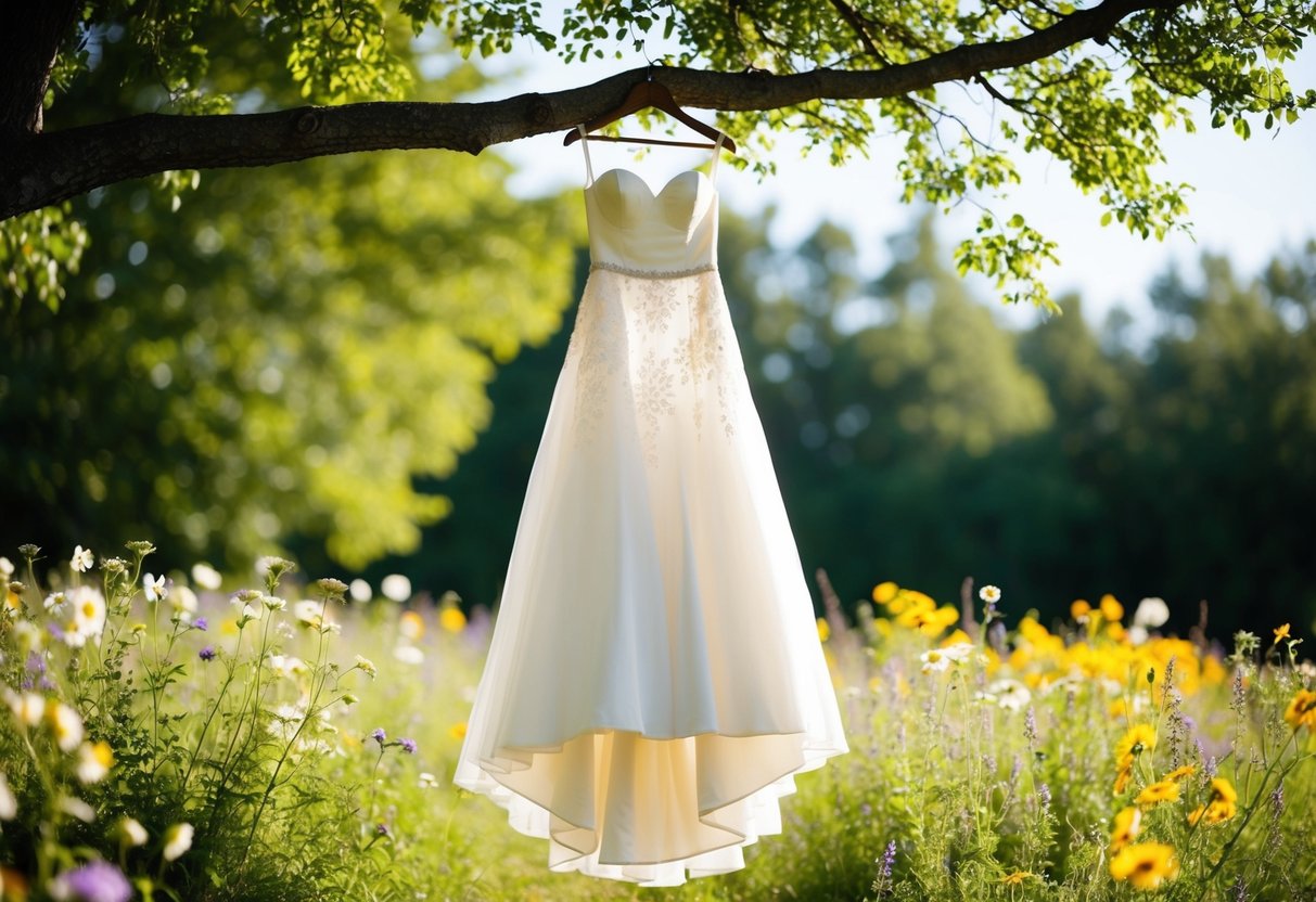 A bride's dress hangs from a tree branch, surrounded by wildflowers and dappled sunlight
