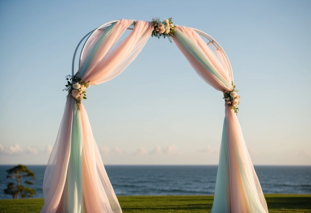 A wedding arch adorned with billowing organza fabric in a soft pastel color, gently swaying in the breeze