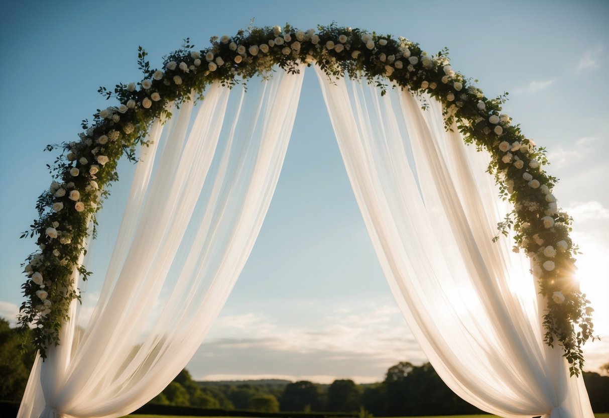 A wedding arch adorned with billowing organza fabric, gently swaying in the breeze, creating a romantic and elegant atmosphere