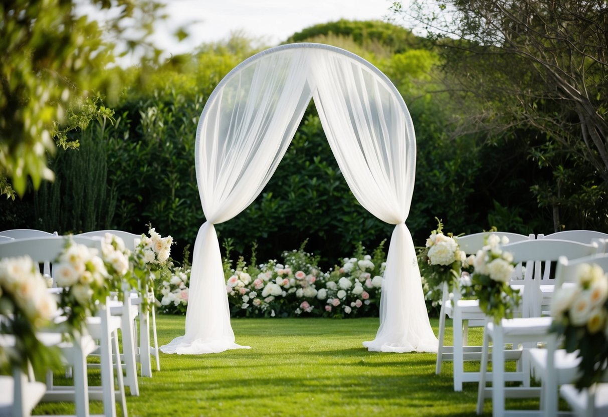 A serene outdoor wedding with a billowing organza wedding arch set against a backdrop of lush greenery and blooming flowers