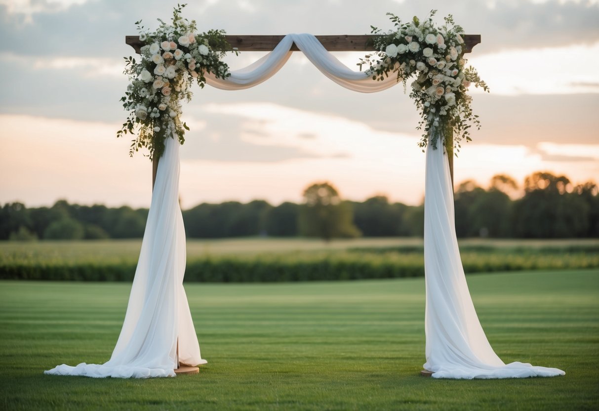 A wedding arch stands 8 feet tall and 6 feet wide, adorned with flowers and draped in flowing fabric