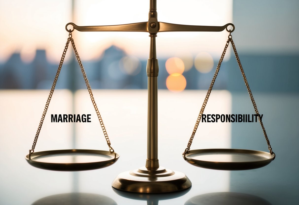 A scale with two equal-sized halves, one labeled "marriage" and the other "responsibility," perfectly balanced