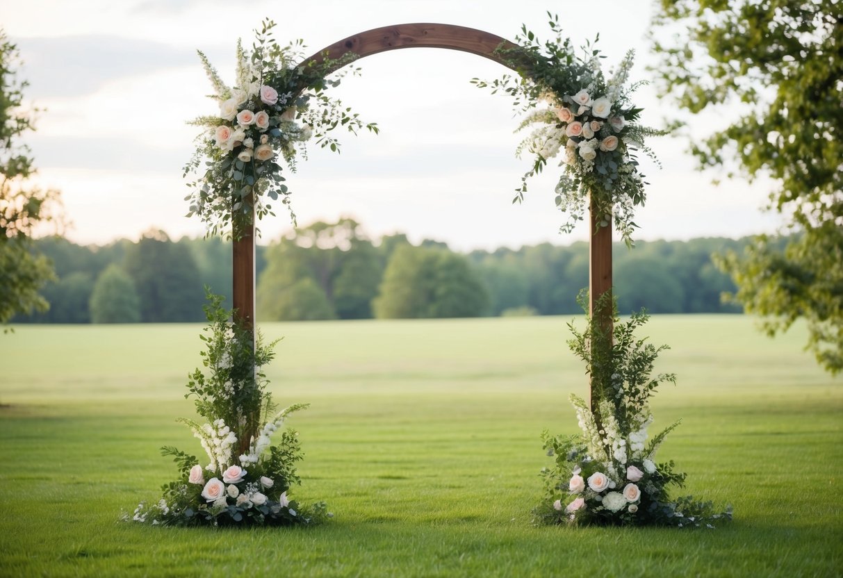 A wedding arch stands tall and wide in a serene outdoor setting, adorned with flowers and greenery, creating a romantic and elegant atmosphere
