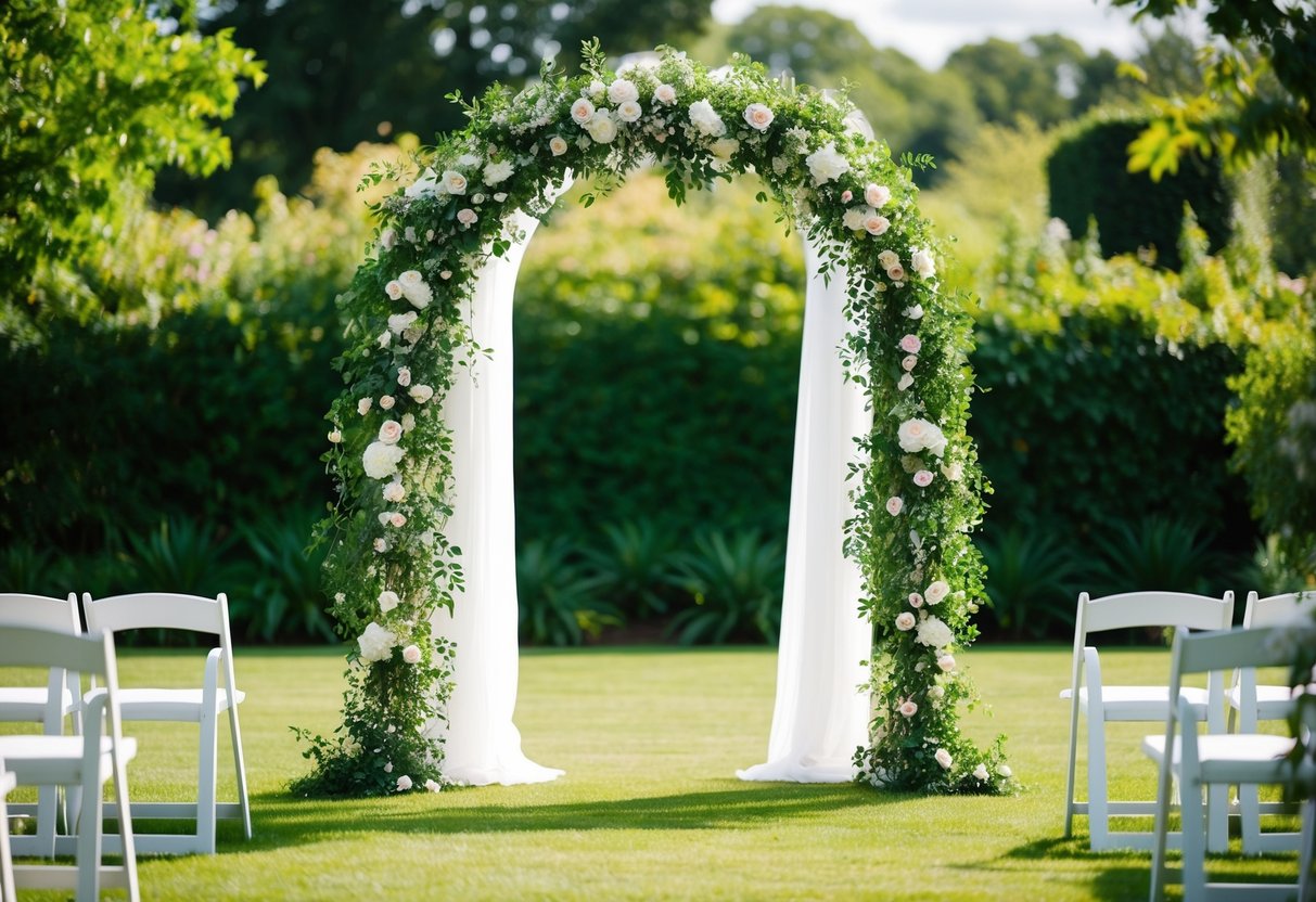 A wedding arch stands in a lush garden, adorned with flowers and foliage. It is tall and wide, creating a beautiful focal point for the venue