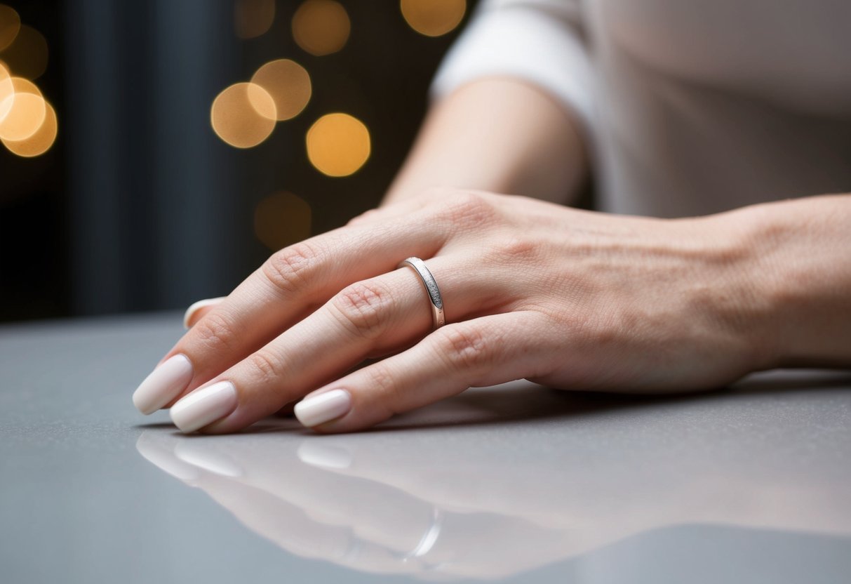 A woman's hand rests on a table, showcasing a simple wedding band