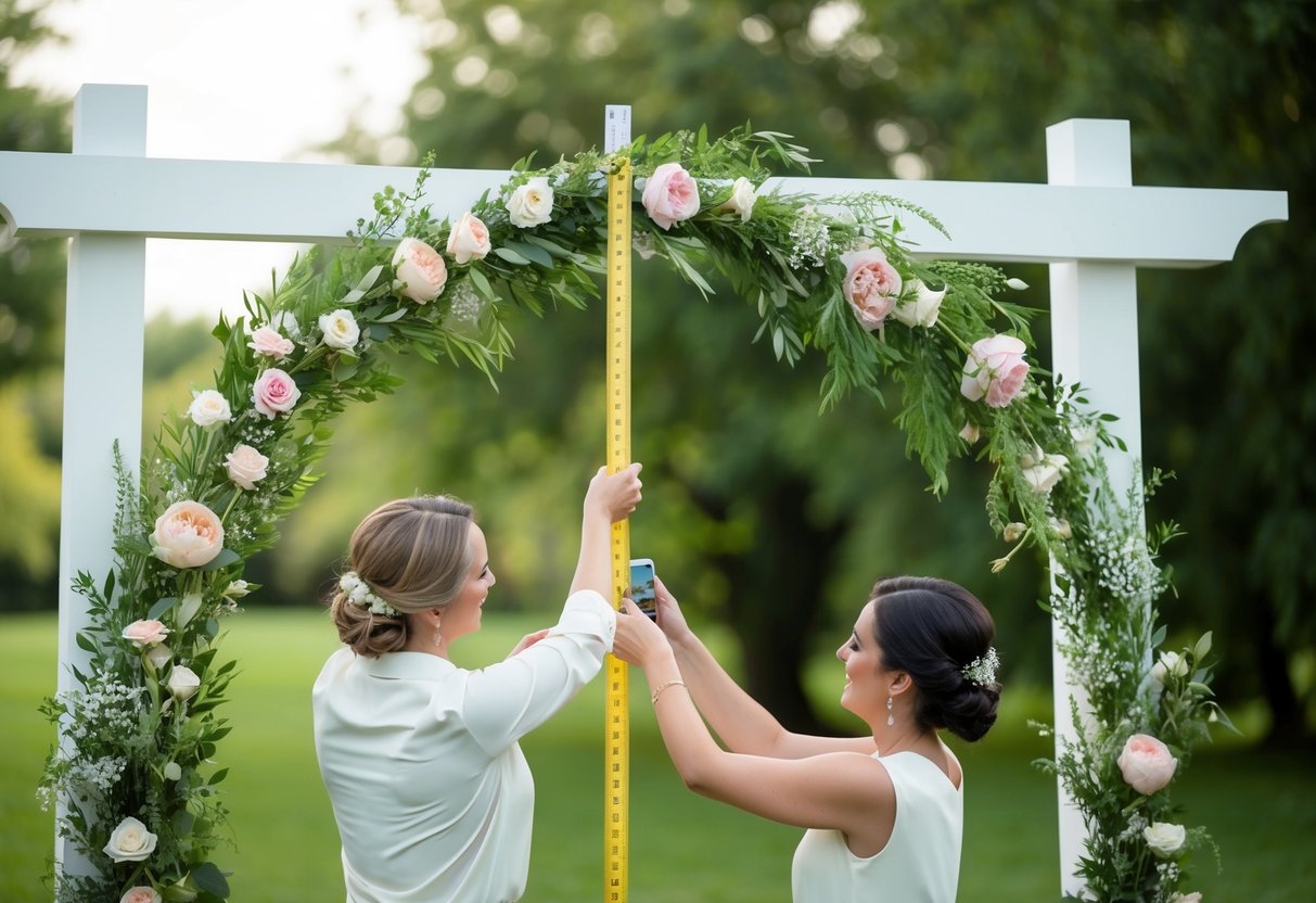 A wedding arch being constructed outdoors, with measurements being taken for the width and height. Flowers and fabric are being arranged for decoration