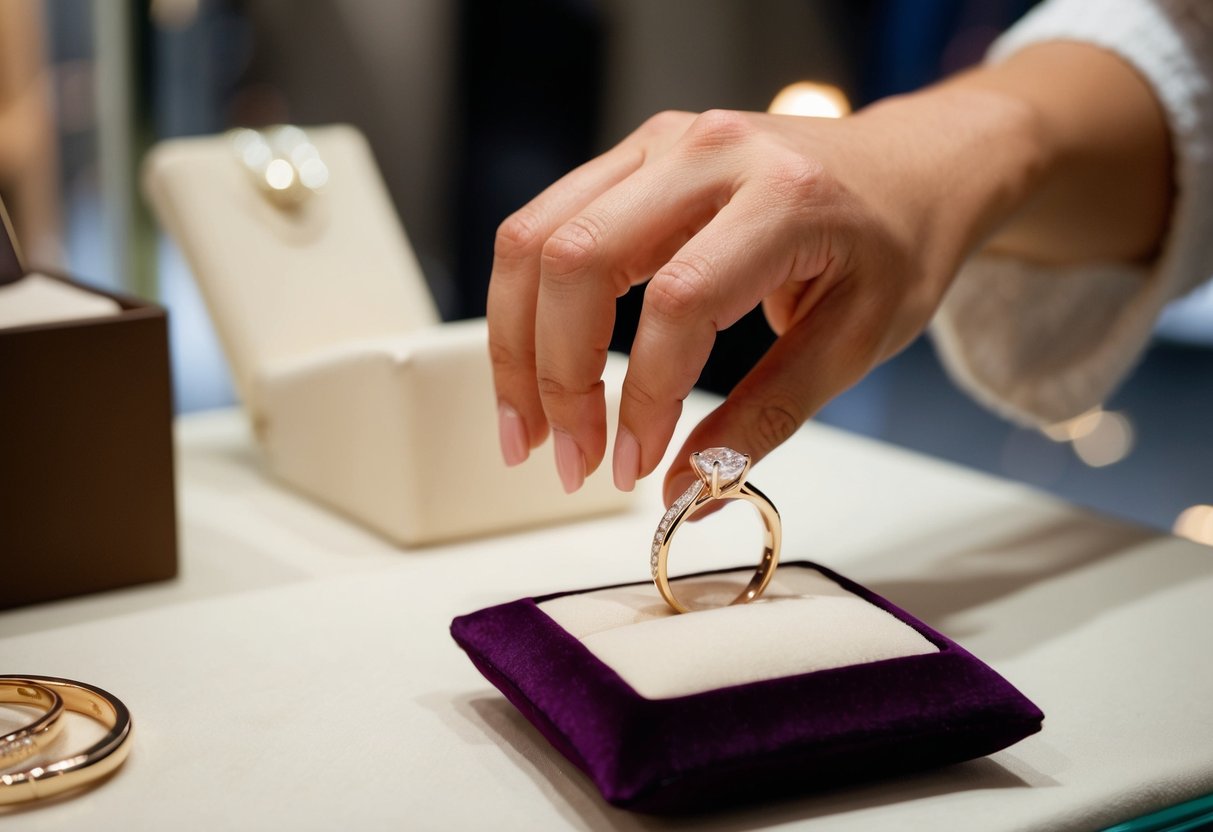 A woman's hand reaching for a simple wedding band displayed on a velvet cushion in a jewelry store