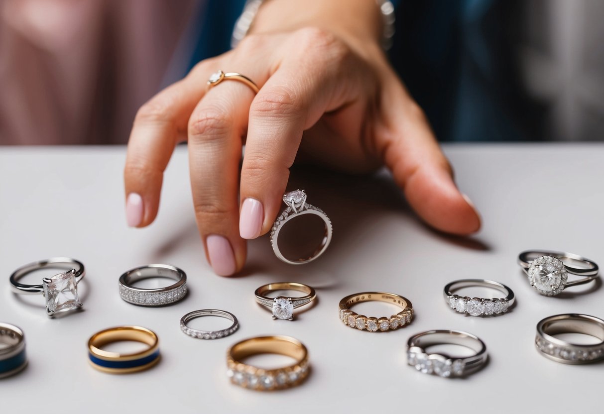 A woman's hand reaches for a delicate wedding band, surrounded by an array of different engagement rings in various styles and designs