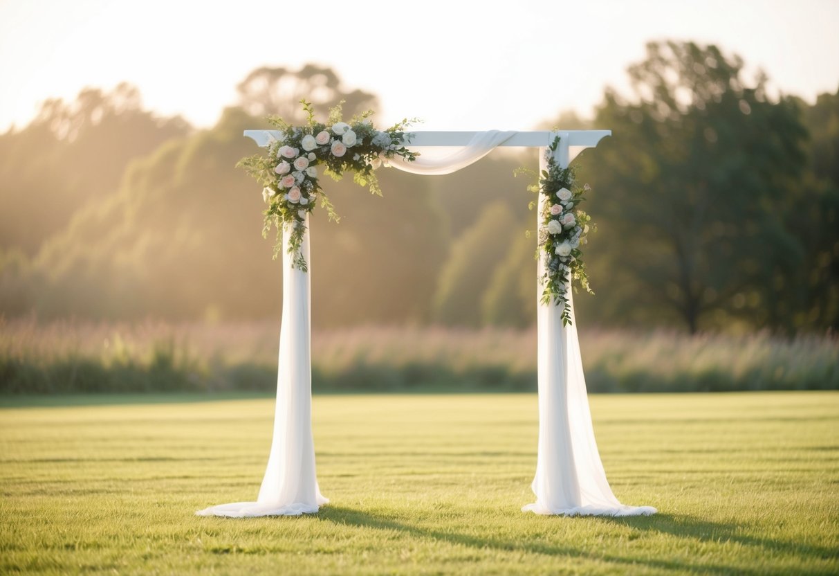 A serene outdoor setting with soft, natural lighting. A simple, elegant wedding arch adorned with flowers. A gentle breeze moves through the scene