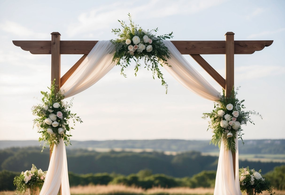 A wooden wedding arch adorned with draped fabric, flowers, and greenery, set against a scenic outdoor backdrop