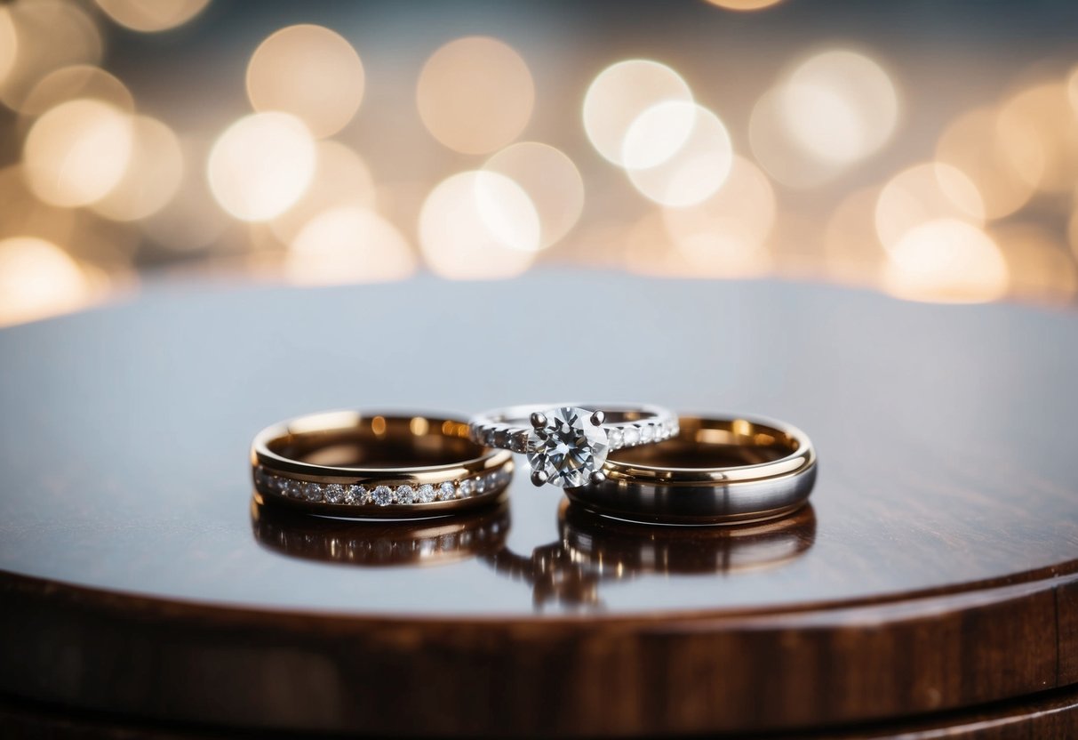 An engagement ring and a wedding ring are placed side by side on a polished wooden surface, symbolizing the transition from one to the other