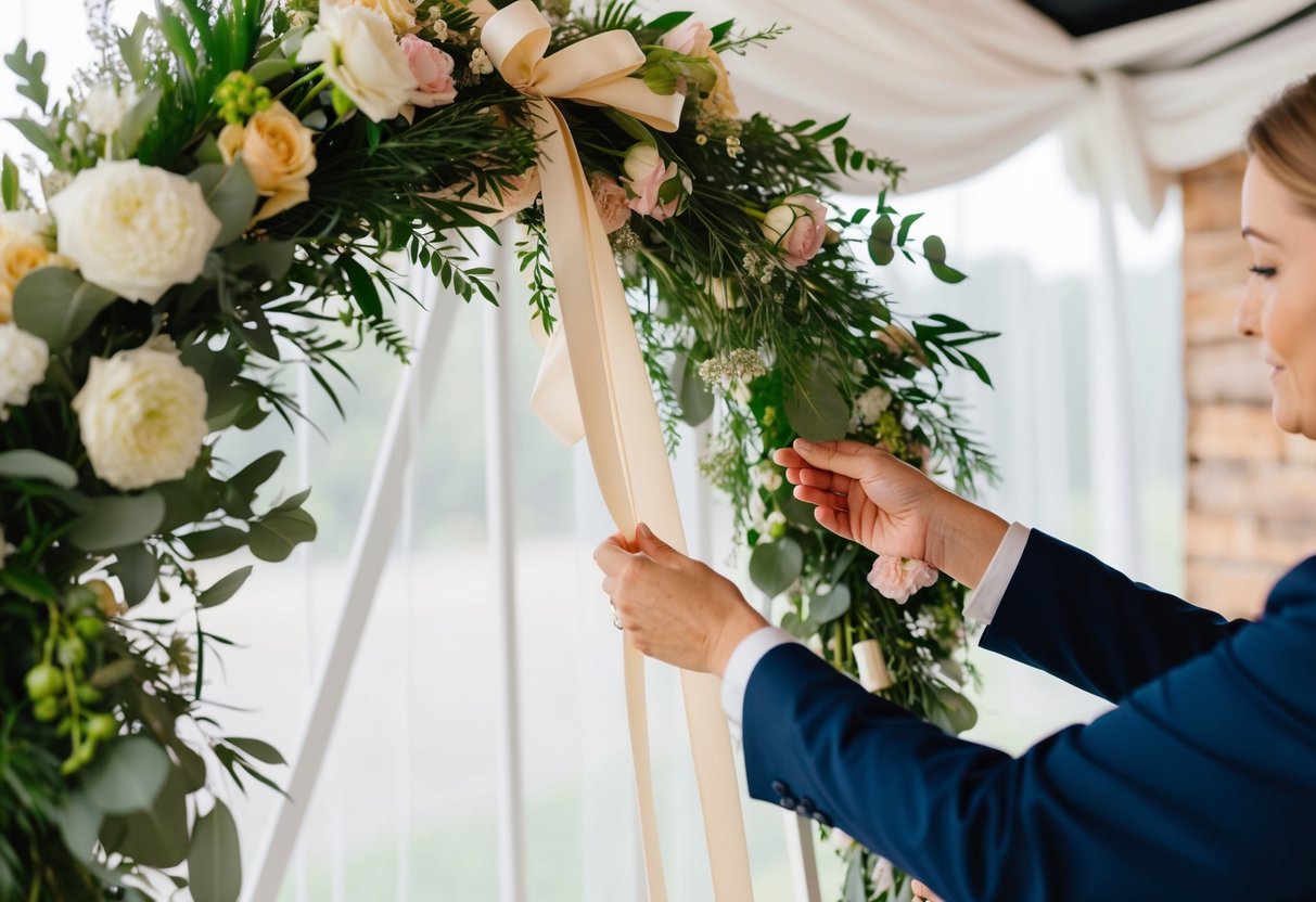A floral wedding arch being adorned with ribbons and greenery by a pair of hands