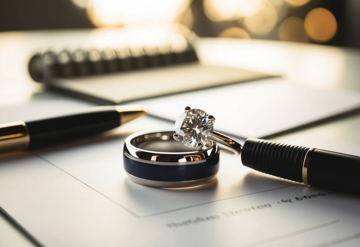 A wedding ring placed on a table with a pen and paper nearby