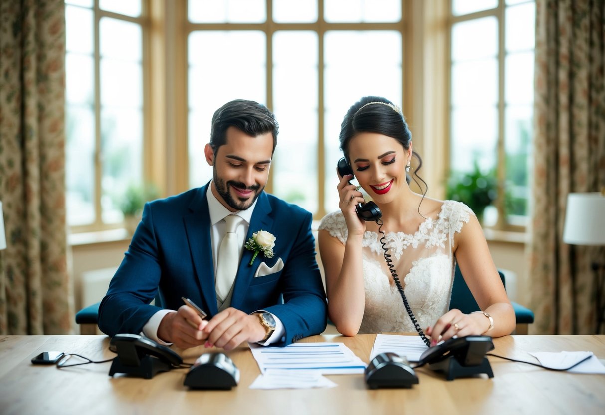 A newlywed couple sits at a table with a list of contacts, making phone calls and sending emails to inform friends and family of their marriage
