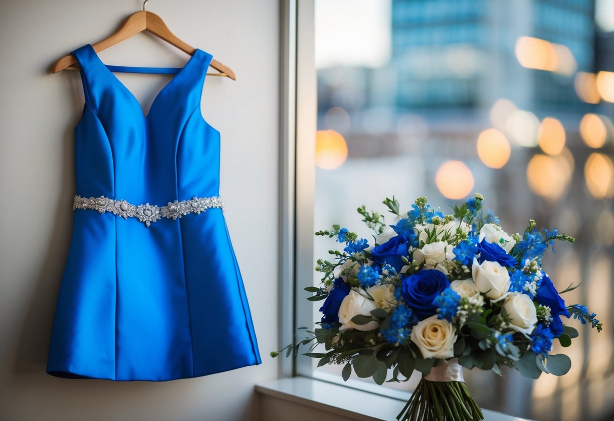 A blue wedding outfit on a hanger next to a bouquet of white and blue flowers