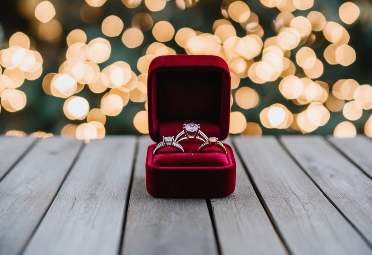 A wedding ring box with three rings displayed on a soft velvet cushion